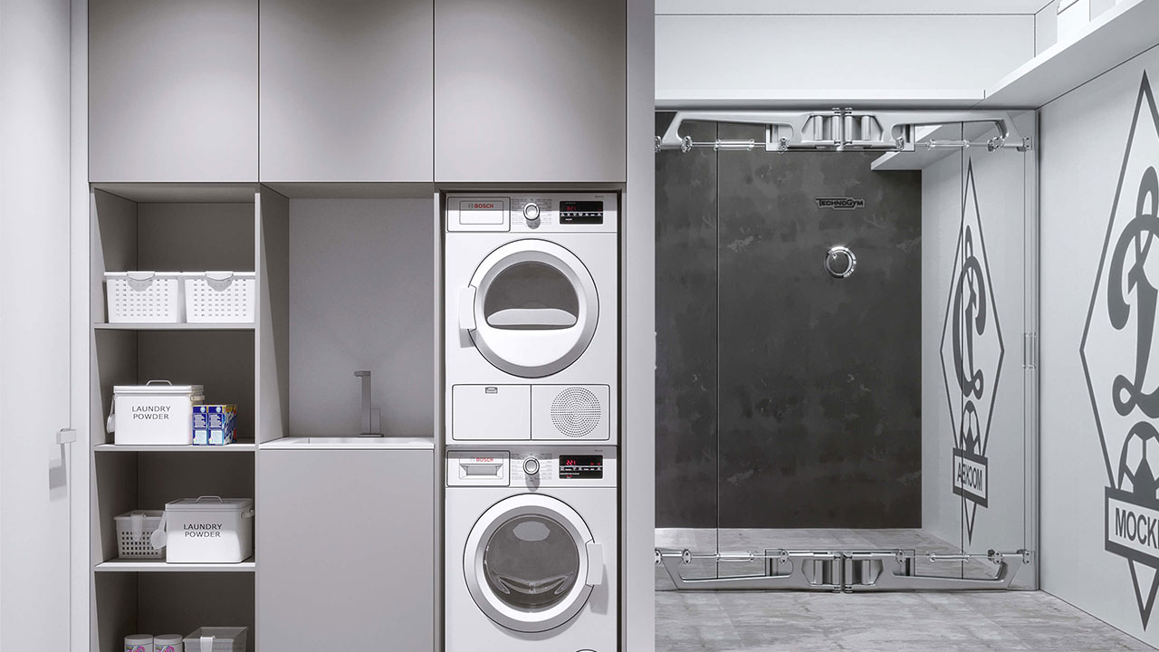 Organized laundry room with baskets, containers, and labels from the dollar store