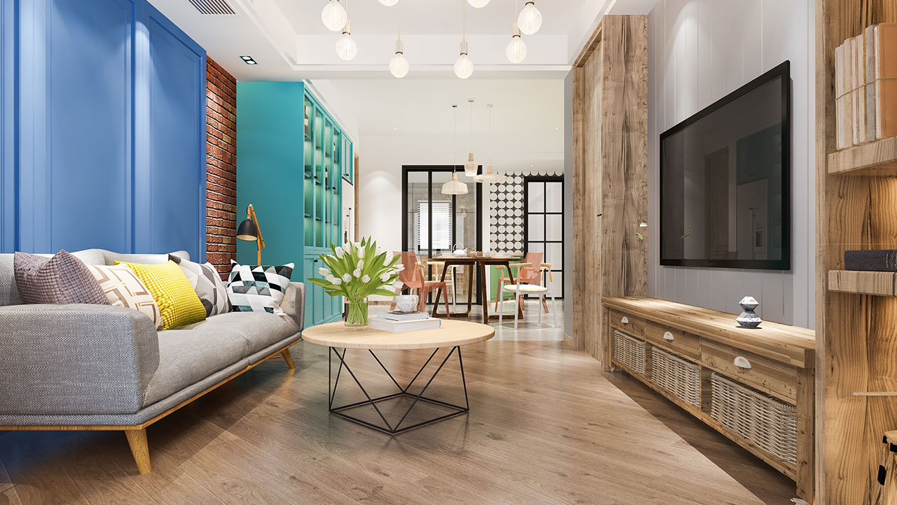 Neat and cozy living room with storage baskets and organized shelves