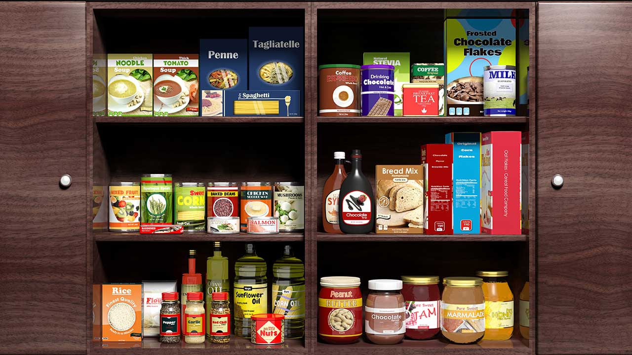 Well-organized pantry shelves with labeled containers and baskets