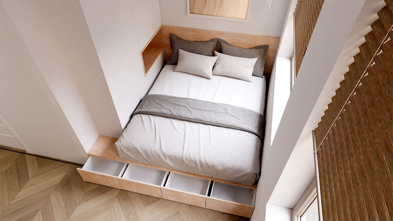Storage bins and containers neatly arranged under a bed